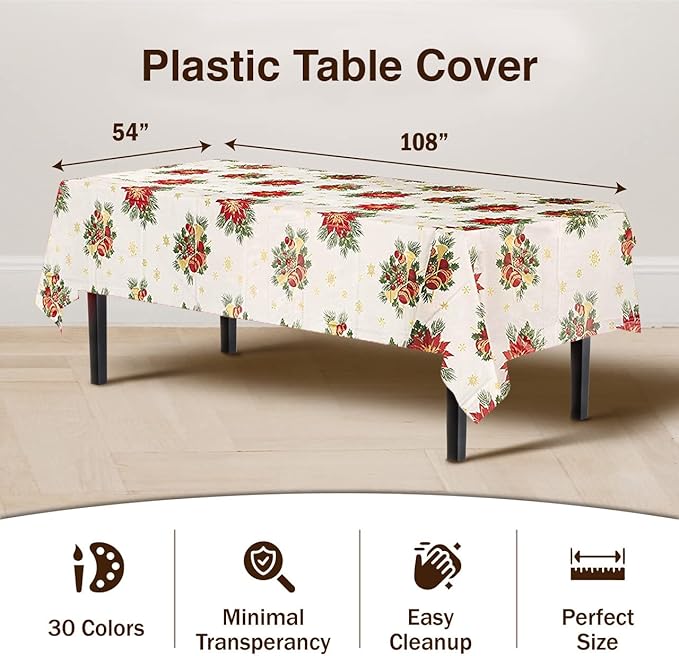 Exquisite Party Solids 12 Pack Premium Rectangle Holiday Design Plastic Tablecloth - Christmas Decorations Tablecloth Disposable Plastic Table Cover for December - 54 inch. x 108 inch.