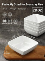 Yedio Porcelain Soup Bowls Set of 6, 28 OZ Square Cereal Bowls, Rice Bowl, for Ice Cream and Dessert Snack, Wedding Party Gift, Microwave Safe Bowl