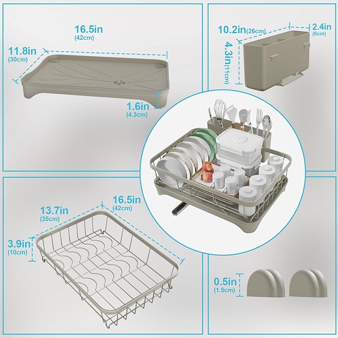 Dish Drying Rack for Kitchen Counter - Space Saving Drying Rack with Drainboard & Utensil Holders, Large Capacity Organizer for Bowls Cups, Countertop Dish Drainer Grey