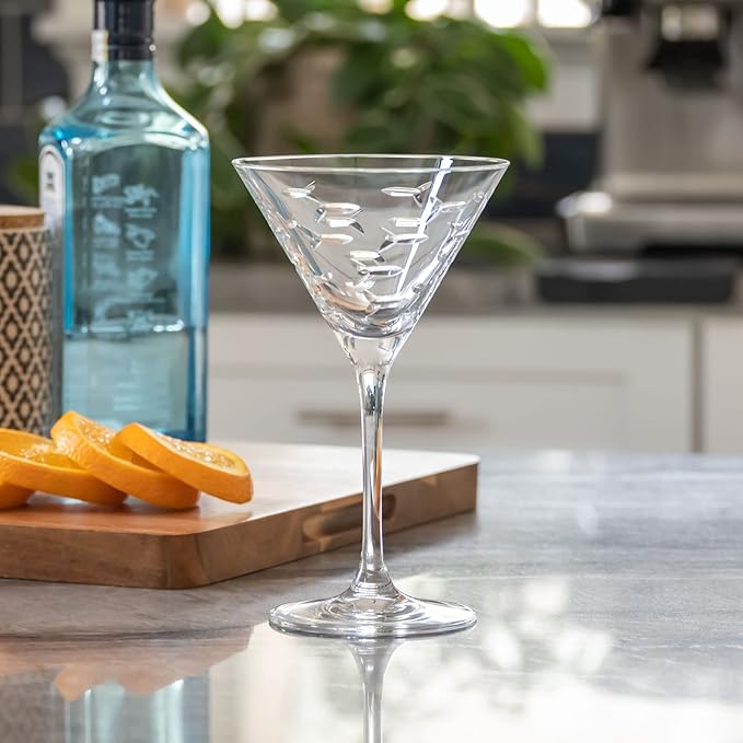 Rolf Glass School of Fish Martini Glass - Set of 4 Stemmed 10 oz. Martini Glasses - Lead-Free Glass - Diamond-Wheel Engraved Cocktail Glasses - Made in the USA