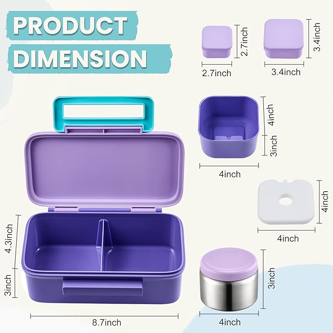 Kids Lunch Bento Box with Thermo Ice Pack Food Container with Insulated Lunch Bag, Insulated Water Bottle with Straw for Girls Boys, Purple