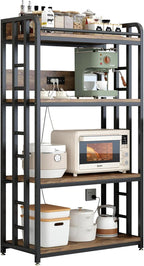Adjustable 4-Tier Heavy Duty Kitchen Baker's Rack with Power Outlet, with Industrial Wheels, Free Standing Microwave Oven Cart Stand for Storage in Living Room, Garage, Rustic Brown