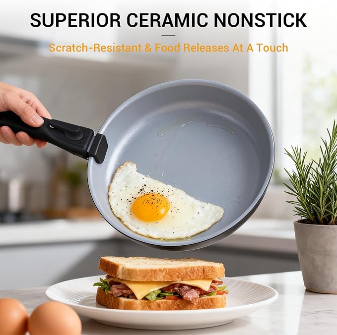 Ammeloo 18 Pcs Pots and Pans Set Non Stick, Induction Ceramic Cookware Set with Detachable Handle,Non Toxic Kitchen Cooking Set with Removable Handle for RVs,Camping,Fridge, Dishwasher/Oven Safe,Black