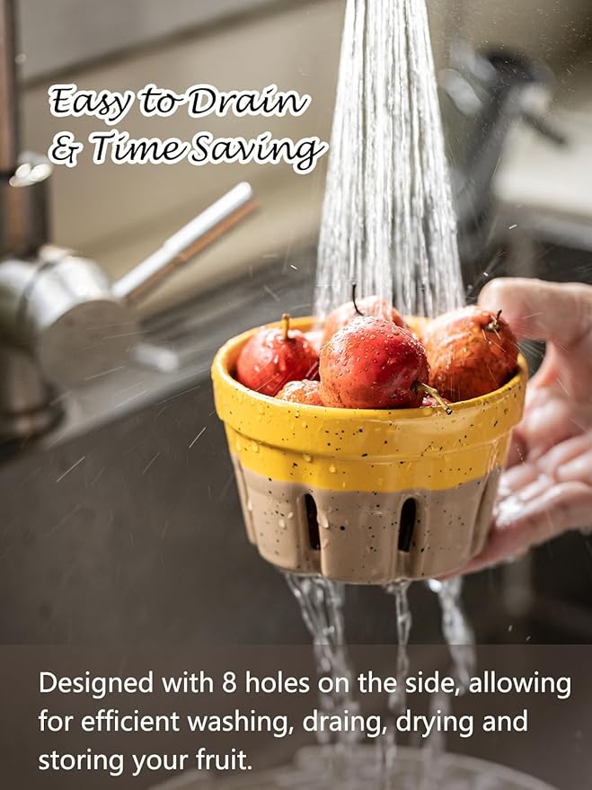 Gomakren Ceramic Berry Basket Set of 2, Round Fruit Bowls with Holes, Rustic Fruit Basket Containers for Kitchen, Berries, Strawberry, Grape, Cherry, Yellow + Brown