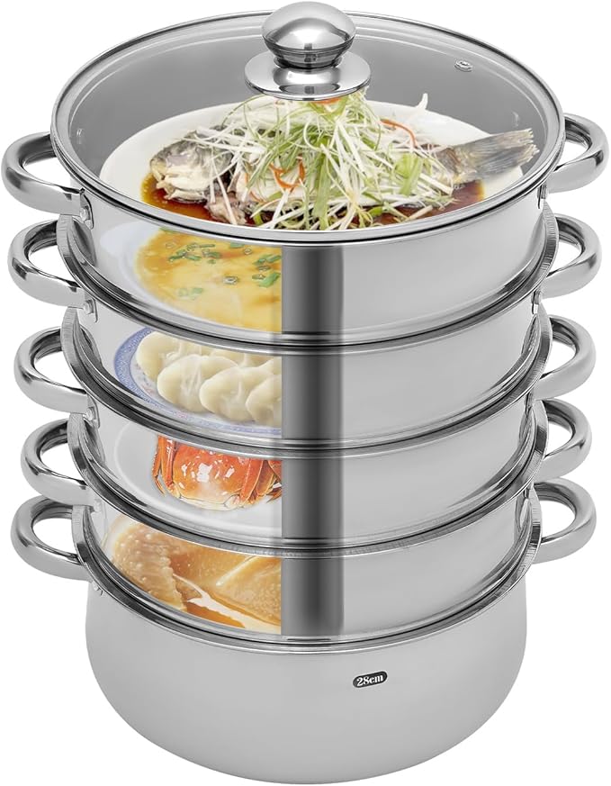 5-Tier Stainless Steel Steamer Cookware Pot with Kitchen Steaming Cookware with Lid Gas Electric Stove Steamer Pot for Kitchen, Home, And Commercial Use