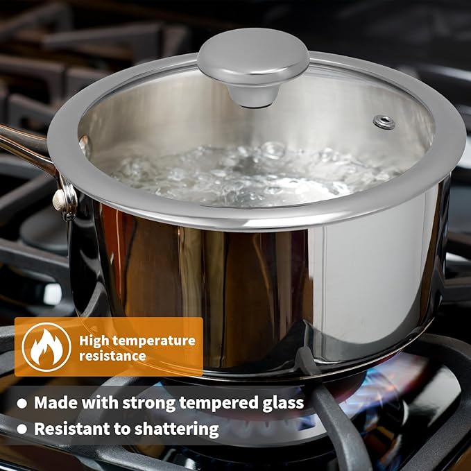 Woogim 304 Stainless Steel Saucepan with Ergonomic Curved Handle,Includes Glass Lid, Easy to Clean Non-stick Multipurpose Sauce Pot 2 Quart Perfect for Milk,Soups,and Sauces