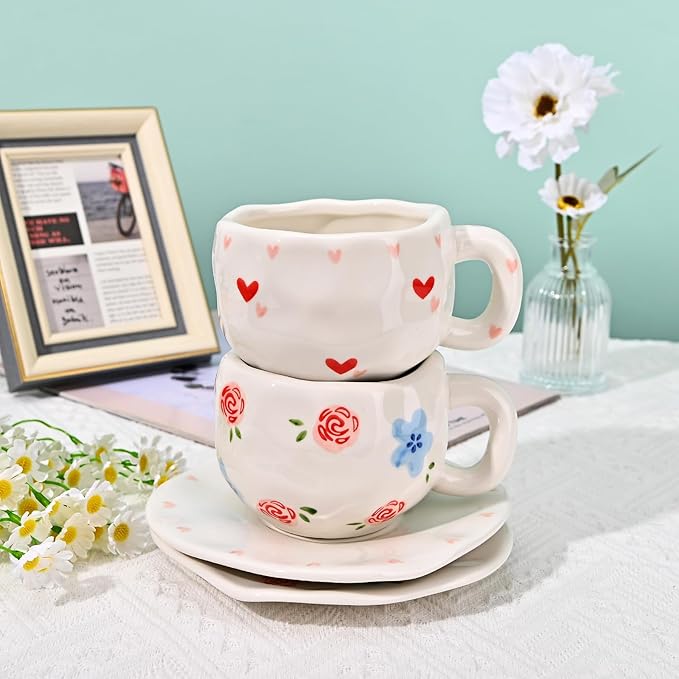 Koythin Ceramic Coffee Mug with Saucer Set, Cute Creative Red Rose Cup Unique Irregular Design for Office and Home, 10 oz/300 ml for Latte Tea Milk