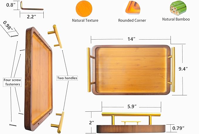 Bamboo Serving Tray with Gold Handles - Large Wood Serving Tray for Breakfast in Bed, Coffee Table, Dinner & bar - Decorative Bed Table Tray for Kitchen or Bedroom（14" x 9.5" x 2"）