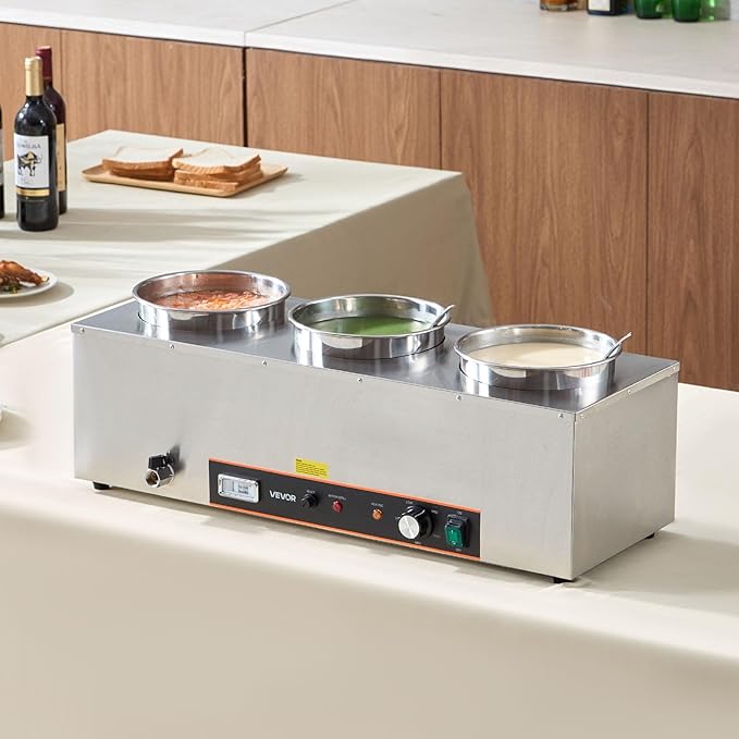 VEVOR Electric Soup Warmer, Three 6.34QT Stainless Steel Round Pot with 86~185°F Adjustable Temp, 1500W Commercial Bain Marie with Anti-Dry Burn and Reset Button, Soup Station for Restaurant, Buffet