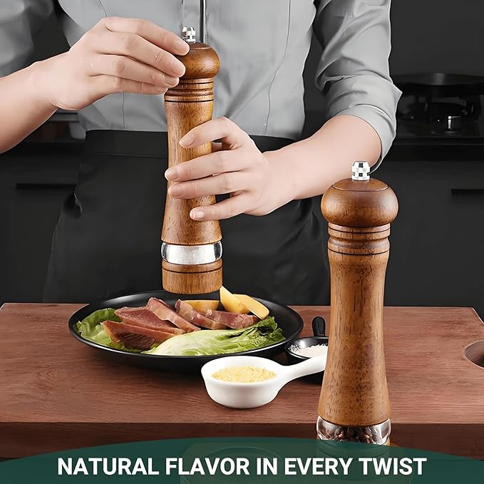 2-Piece Salt and Pepper Grinder Set with Wood Tray, 8 Inch Wooden Salt and Pepper Mills with Adjustable Coarseness, Refillable Manual Pepper Mill Grinder for Home Cooks (Brown)