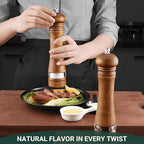 2-Piece Salt and Pepper Grinder Set with Wood Tray, 8 Inch Wooden Salt and Pepper Mills with Adjustable Coarseness, Refillable Manual Pepper Mill Grinder for Home Cooks (Brown)