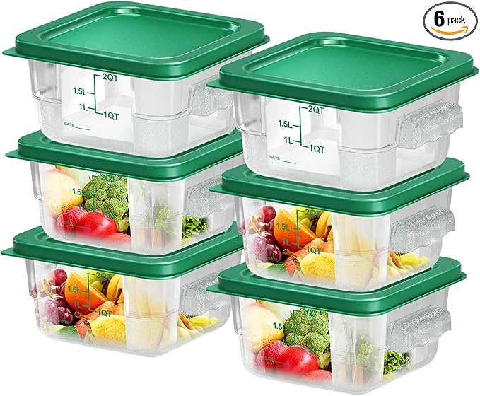 6 pcs 2qt Food Storage Containers with Lid, Square Clear Commercial Storage Containers with Handle and Scale for Food Storage in Home Kitchen & Dining (Green)