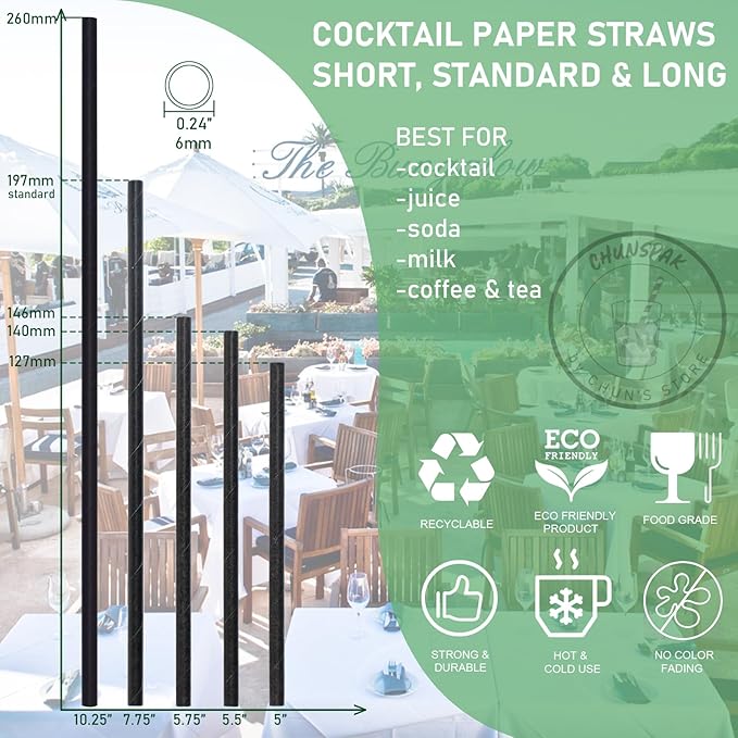 10 inch Long Disposable Black Paper Cocktail Straws & Stirrer Sticks, 250 Counts, Unwrapped - for Tall Drinks, Bars and Restaurants