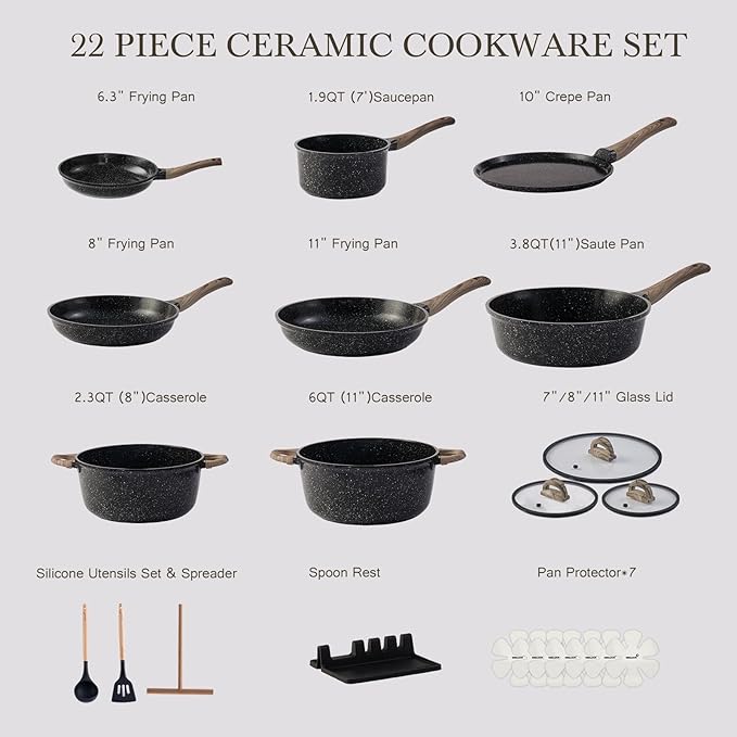 Ceramic Cookware Set 22 Piece Nonstick Pots and Pans Set Non Stick Kitchen Cooking Sets 8"Frying Pans with Lid,Black Granite Non-Toxic Induction Kitchen Cookware w/Glass Lids PFOS/PFOA-Free