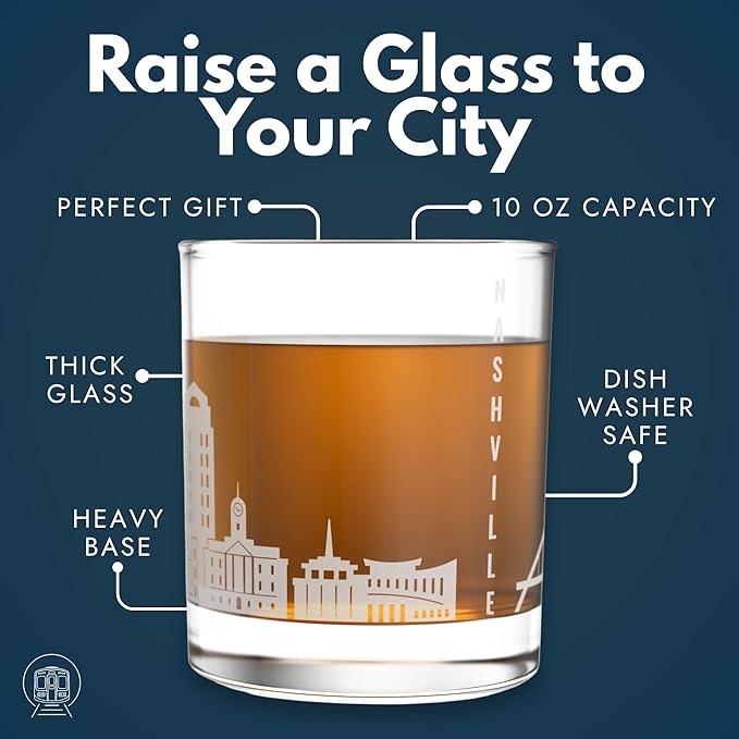 Greenline Goods – Nashville, TN Skyline Whiskey Glasses (Set of 2), 10 oz – Rocks/Old Fashioned Tumblers