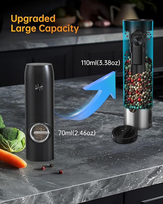 CIRCLE JOY Rechargeable Electric Pepper Grinder, Automatic Stainless Steel Pepper Mill Grinder with 110ml Container, Adjustable Coarseness and White LED Light, Silver