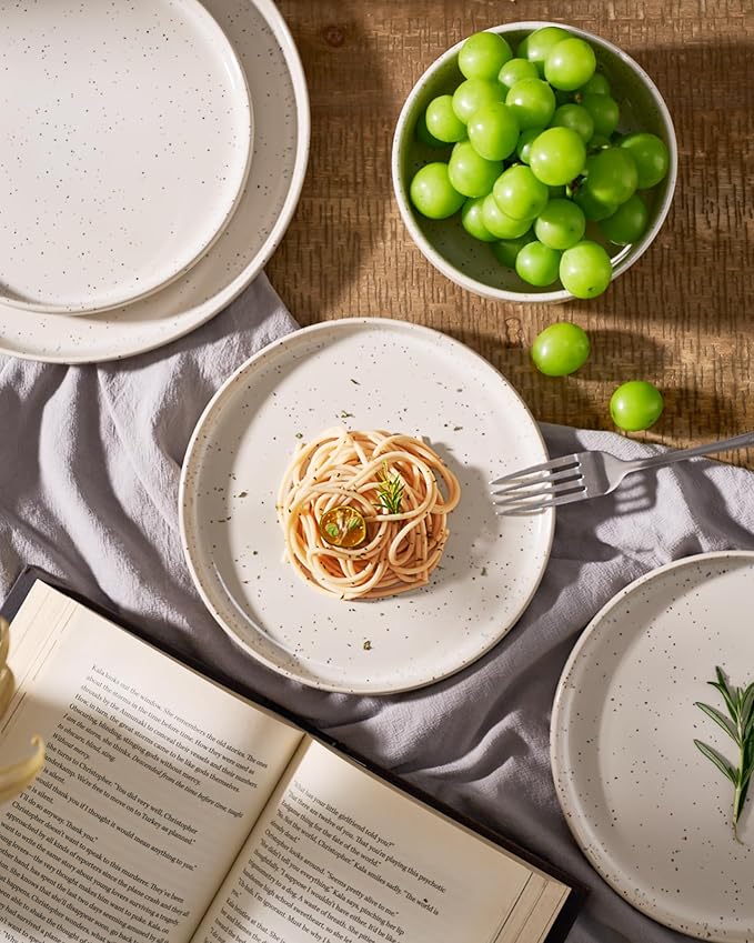 Famiware Meteor Plates and Bowls Sets for 4, 12 Pieces Dinnerware Sets, Microwave and Dishwasher Safe Dishes Set, Creamy White