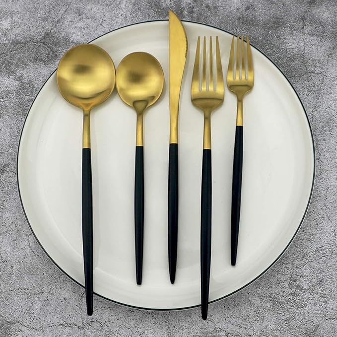 Gugrida 20-Piece 18/10 Stainless Steel Flatware Silverware, Luxury Dinnerware Set Travel Cutlery Tableware Include Knife Fork Spoon Service for 4, Dishwasher Safe (Black Handle Matte Gold)