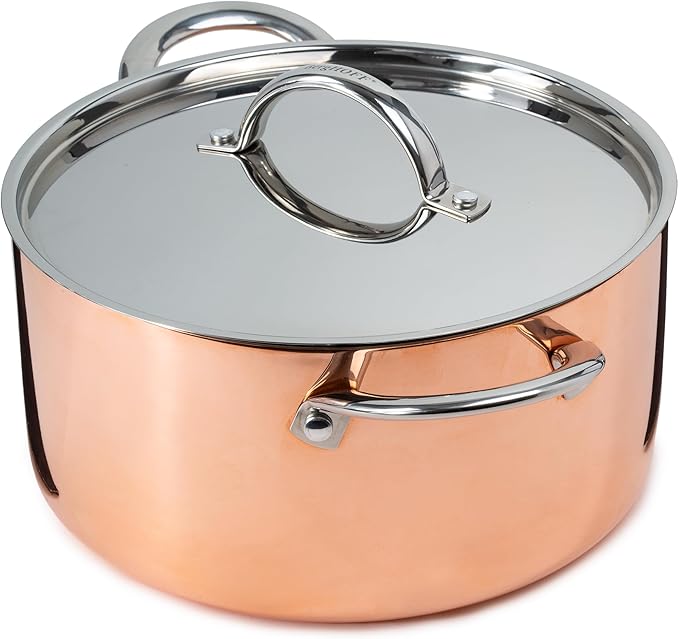 BergHOFF Vintage 5Pc Tri-Ply Copper 18/10 Stainless Steel Cookware Large Sized Set With Matching Lids, Polished, Long Ergonomic Shaped Handle, 3-layer Base, Gold