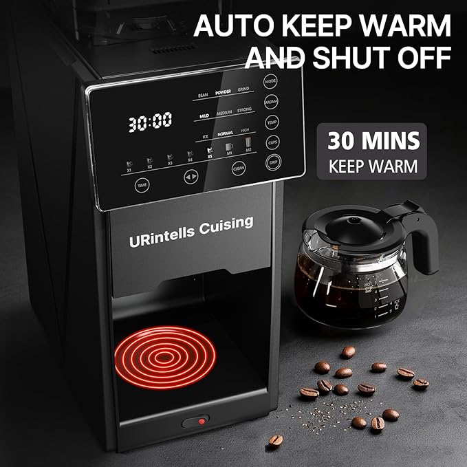 Coffee Maker with Grinder, Programmable Hot and Cold Coffee Maker with 22 oz Glass Carafe, Fully Automatic Coffee Machine with Timer, Removable Filter, Black Americano Coffee Machine