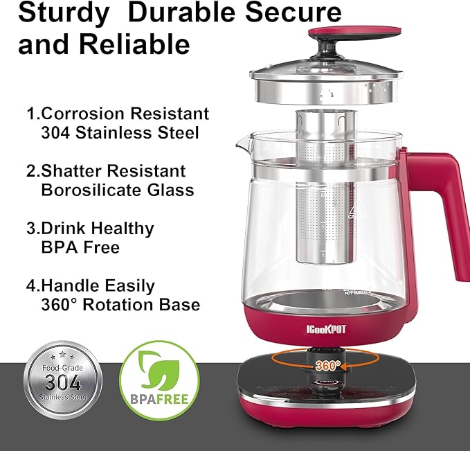 Electric Kettle, 1.5L Borosilicate Glass Hot Water Kettle Electric & Tea Kettle for Coffee or Tea, BPA Free, Auto Shut-Off, Stainless Steel, Red, 1200w