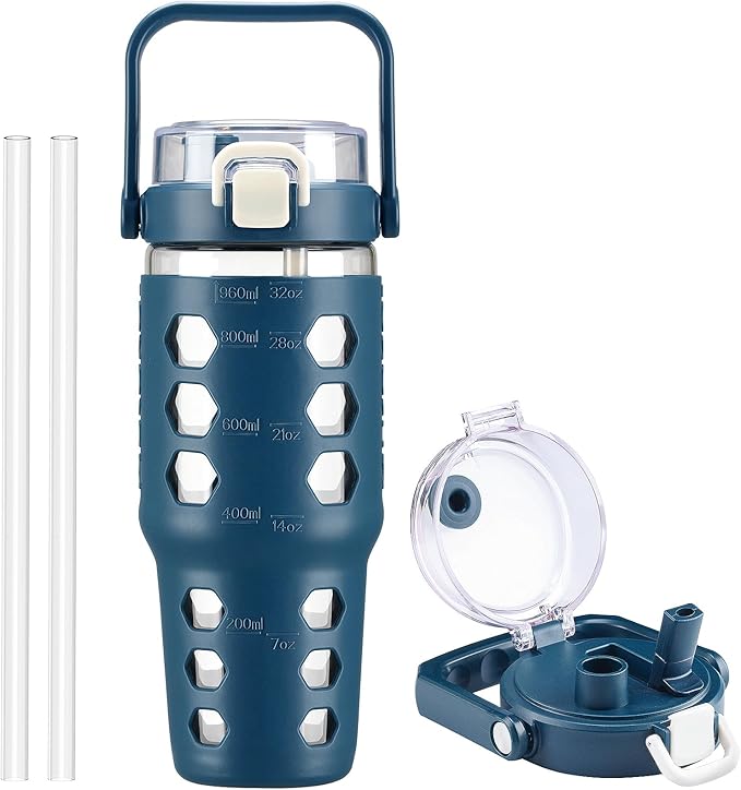 MUKOKO 32 oz Glass Tumbler with Straw,Glass Water Bottles with Time Marker,Iced Coffee Cup with Silicone Sleeve,Motivational Drinking Bottles,Leakproof-Blue