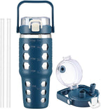 MUKOKO 32 oz Glass Tumbler with Straw,Glass Water Bottles with Time Marker,Iced Coffee Cup with Silicone Sleeve,Motivational Drinking Bottles,Leakproof-Blue