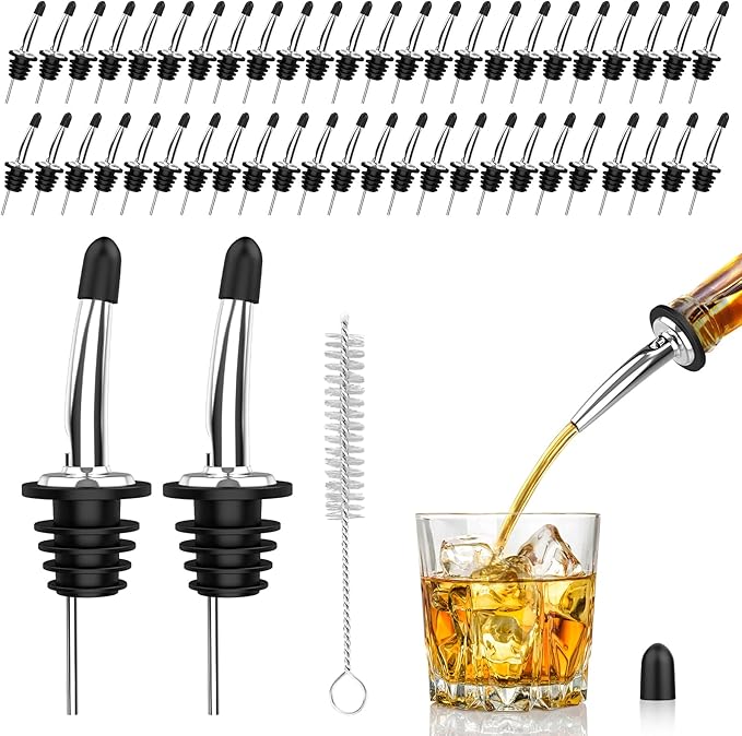 48-Pack Stainless Steel Pour Spouts for Liquor Bottles Oil Vinegar and Wine,Liquor Bottle Pourers with Rubber Dust Caps,Bar accessories,Pourers for Bartending