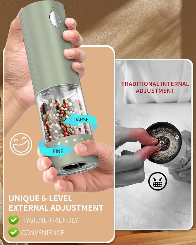 CIRCLE JOY Electric Salt and Pepper Grinder Set Rechargeable Salt and Pepper Mills with Storage Base, Adjustable Coarseness and LED White Light, Washable 95ml Container, Green