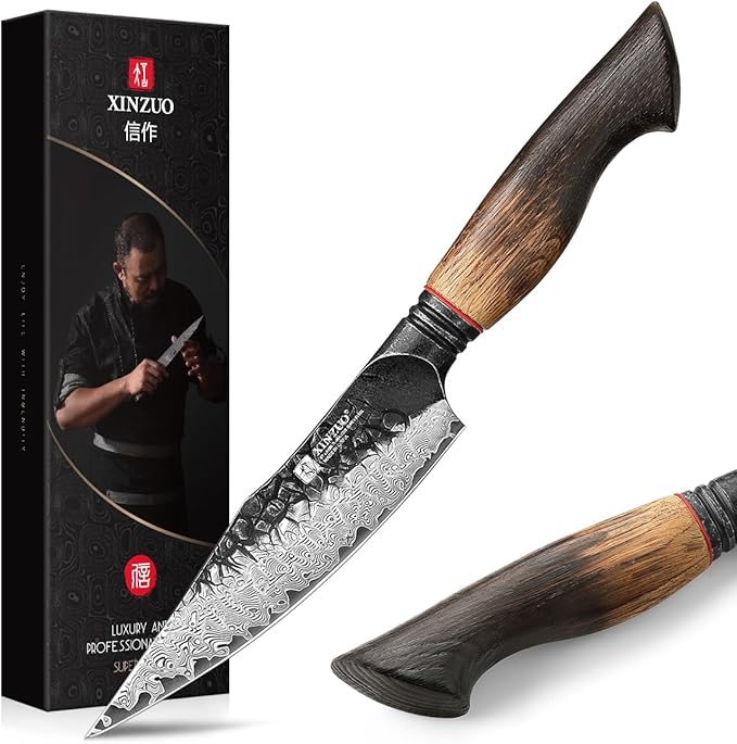 XINZUO 5.6 inch Paring Petty Knife,High Carbon 67 Layers Damascus Steel Fruit and Vegetable Small Kitchen Utility Knife,Burnt Wood Handle
