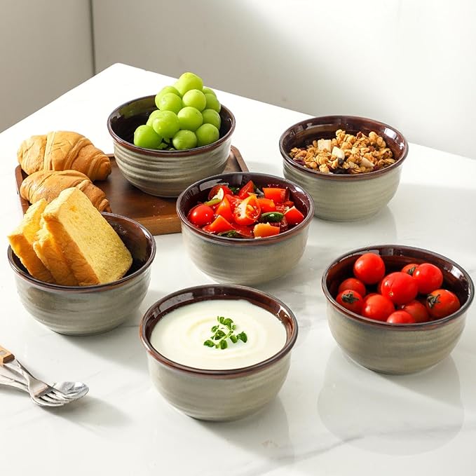 MEKY 20oz Ceramic Cereal Bowls Set of 6, Stackable Soup Bowls for Oatmeal, Ice Cream and Pasta Everyday Use, Microwave & Dishwasher Safe, Modern & Durable, Brown