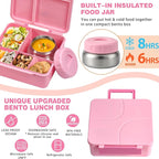 Bento Lunch Box with 9.5 oz Soup Thermo, Kids Leakproof 4 Compartments Bento Box with Silicone Cupcake,Fruit Fork,Spoon and Sauce Cup,Insulated Food Jar for School Travel-Pink