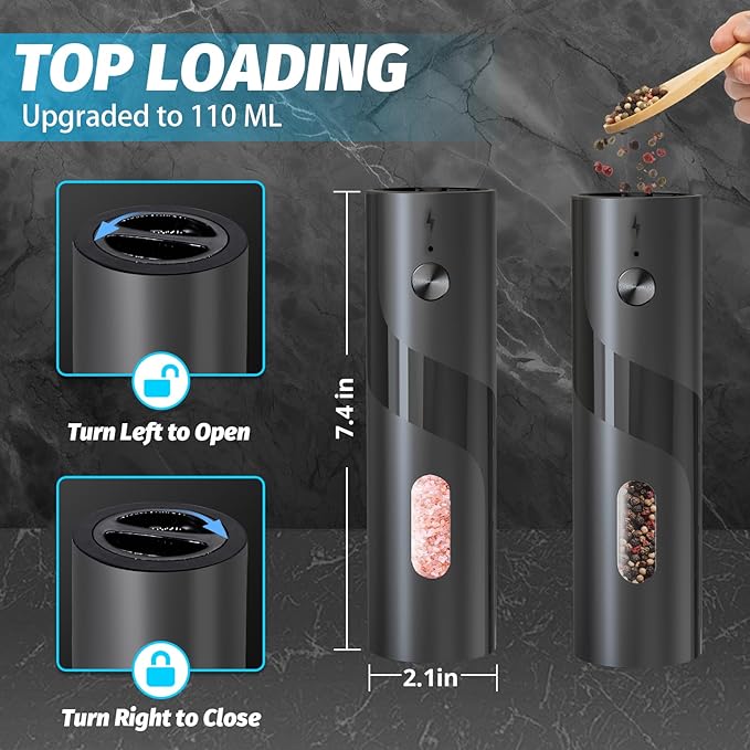 Electric Salt and Pepper Grinder Set Rechargeable with Easy to Carry Charging Base and LED Light, Adjustable Coarseness, Greater Capacity, USB for Kitchen, Restaurant