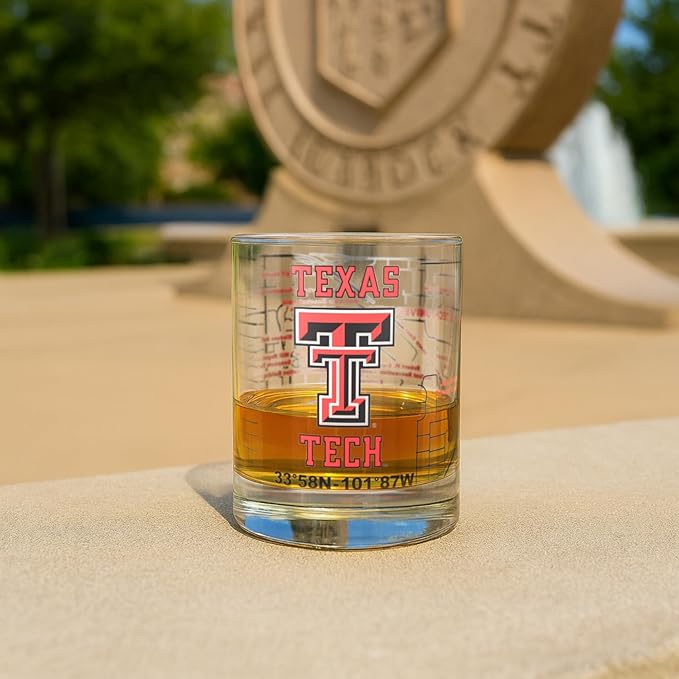 Greenline Goods – Texas Tech University Red Raiders College Whiskey Glasses (Set of 2), 10 oz – Full-Color Logo + Campus Map