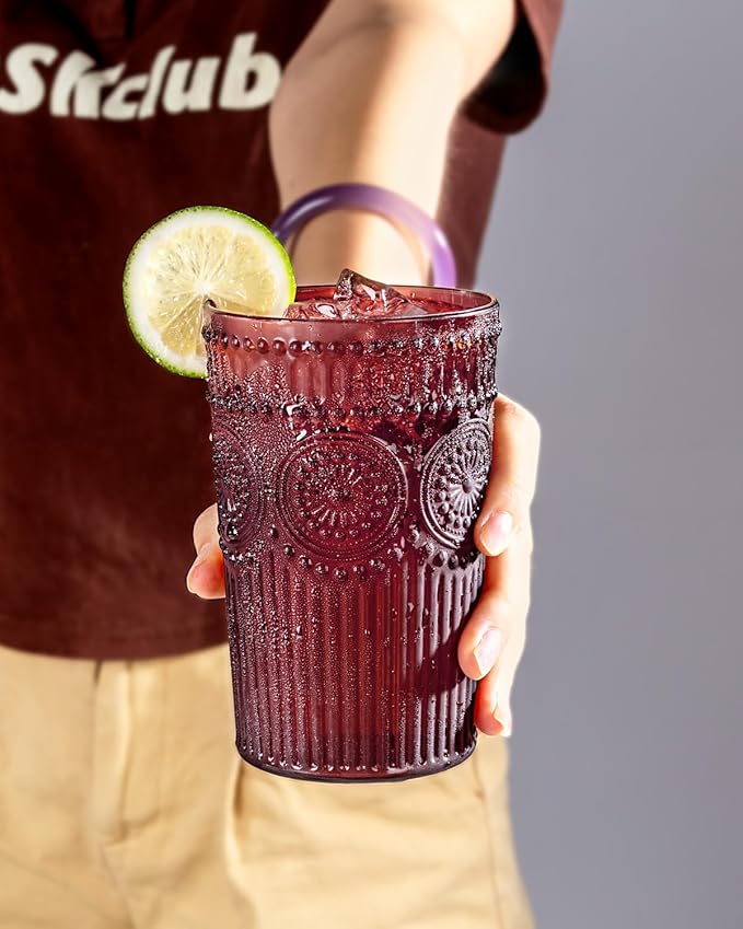 Ciaell 12 Pack Romantic Plastic Water Glasses - 14 Oz Burgundy Vintage Drinking Glasses, Embossed Ribbed Plastic Cups, Textured Striped Set for Juice, Beverages, Beer, Cocktail & Christmas