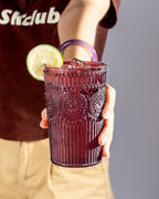 Ciaell 12 Pack Romantic Plastic Water Glasses - 14 Oz Burgundy Vintage Drinking Glasses, Embossed Ribbed Plastic Cups, Textured Striped Set for Juice, Beverages, Beer, Cocktail & Christmas