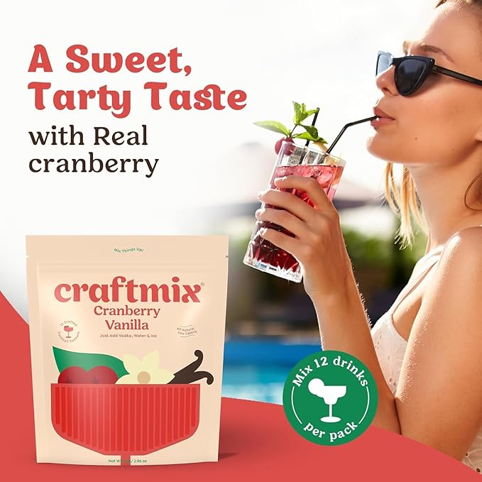 Craftmix Cranberry Vanilla Mix, Makes 12 Drinks, Cranberry Cocktail Mixer, Instant Skinny Cocktail and Mocktail Mix - With Real Fruit - Vegan Low Carb, Low Sugar, Non-GMO, Gluten Free, Easy to Mix