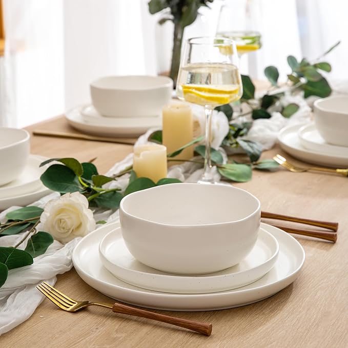 AmorArc Ceramic Dinnerware Sets, Wavy Rim Stoneware Plates and Bowls Sets,Highly Chip and Crack Resistant | Dishwasher & Microwave & Oven Safe Dishes set, Service for 8 (24pc)-Matte Speckled White