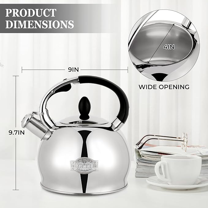 SUSTEAS Stove Top Whistling Tea Kettle - Food Grade Stainless Steel Teakettle Teapot with Cool Touch Ergonomic Handle, With 1 Silicone Pinch Mitt Included,2.64 Quart(SILVER)