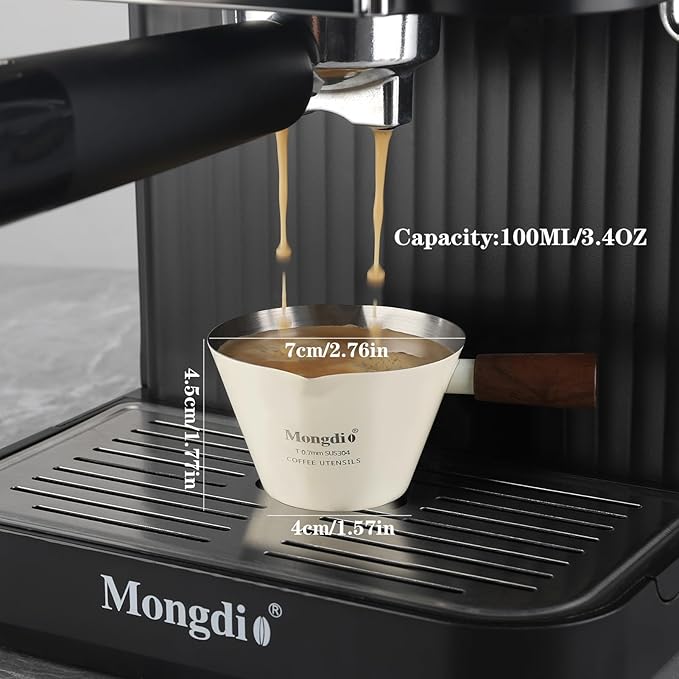 Mongdio Espresso Measuring Cup, Stainless Steel Espresso Shot Cups with Wooden Handle and Double Spouts, 3.4OZ/100ML, White