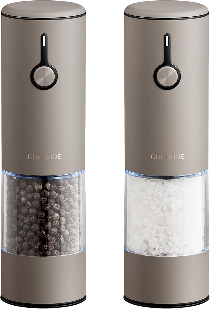 Stainless Steel Rechargeable Electric Salt and Pepper Grinder Set, USB Charging with Dust Cover, 6 Adjustable Grinding Modes + LED Light 2packBrown