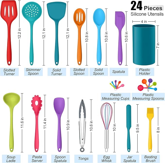 E-far Silicone Cooking Utensils Set, 24Pcs Heat Resistant Kitchen Utensil with Holder, Silicone Kitchen Tools with Spatula Turner Spoon Tongs Whisk, Non-Toxic & Dishwasher Safe (Colorful)