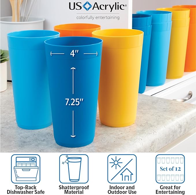 US Acrylic Newport 32 ounce Unbreakable Plastic Stackable Iced-Tea Tumblers in 4 Sunrise Colors | Set of 12 Drinking Cups | Reusable, BPA-free, Made in the USA, Top-rack Dishwasher and Microwave Safe