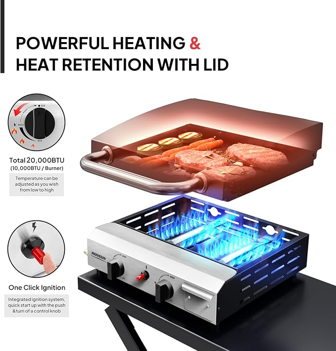 ROVSUN 2 Burner Foldable Propane Griddle with Wheels, Enameled Tray & Lid, 20000 BTU Portable Rolling Flat Top Gas Grill with Electronic Ignition & Regulator for Outdoor Cooking Camping BBQ Tailgating