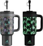 40 oz Halloween Tumbler with Handle, Glow-in-the-Dark, 2-in-1 Straw Lid, Leakproof, Insulated Stainless Steel Travel Coffee Mug, Keeps Cold for 34 Hours, Fits in Car Cup Holder (Spooky Skull)