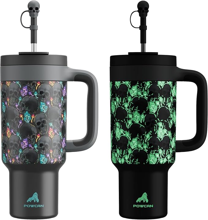 40 oz Halloween Tumbler with Handle, Glow-in-the-Dark, 2-in-1 Straw Lid, Leakproof, Insulated Stainless Steel Travel Coffee Mug, Keeps Cold for 34 Hours, Fits in Car Cup Holder (Spooky Skull)