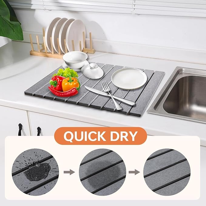 Stone Dish Drying Mats for Kitchen Counter, 24"(L)×16"(W) Collapsible Diatomaceous Earth Mats, Eco-Friendly Absorbent Dish Drying Mat for Dishes Bottles Cups, Match Any Countertop