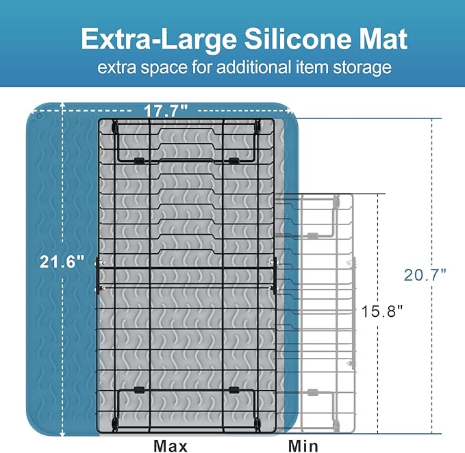 iSPECLE in Sink Dish Drying Rack - Capacity Expandable Over Sink Dish Rack with Mat (15.8"- 20.7"), Dish Drainer for Kitchen Counter with Utensil Holder Large Capacity, Black