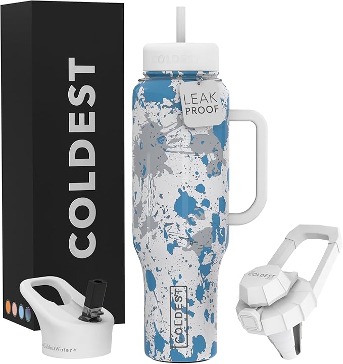 Coldest Tumbler with Handle and Straw - 100% Leak Proof Insulated Tumbler with Lid and Straw (3 Lids) - Stainless Steel Tumblers for Women & Men - Cup Holder Friendly Base, 46 oz (Cloud Matter)