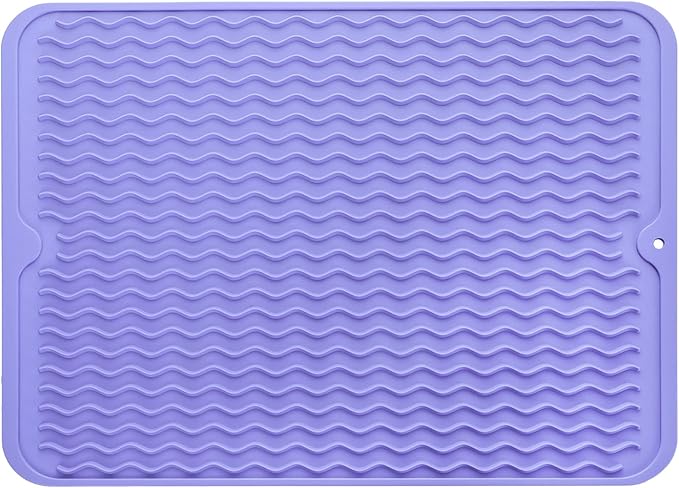Silicone Dish Drying Mat for Multiple Usage,Easy clean,Eco-friendly,Heat-resistant Silicone Mat for Kitchen Counter or Sink,Refrigerator or drawer liner Light Purple L 16 inches x 12 inches